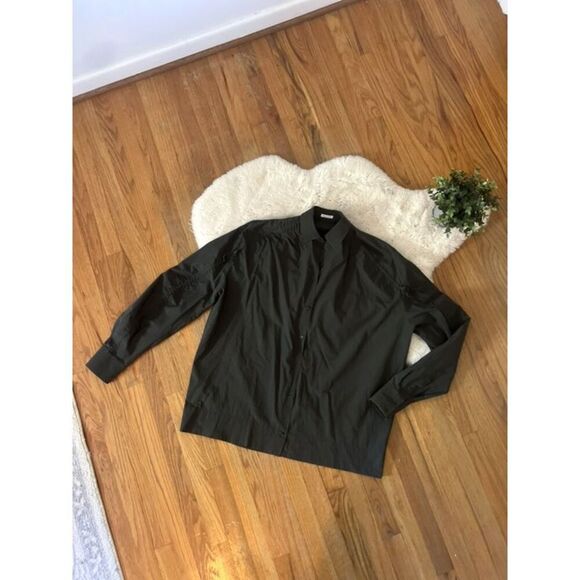 Tomas Maier Oversized Ruched sleeve Olive Green Button Down Shirt Size 6 - Picture 1 of 12